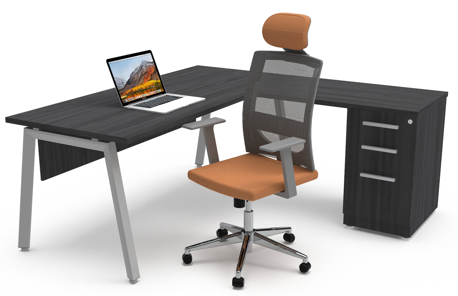 Escritorio semi ejecutivo Alpha en L con base metálica gris y pedestal de gavetas