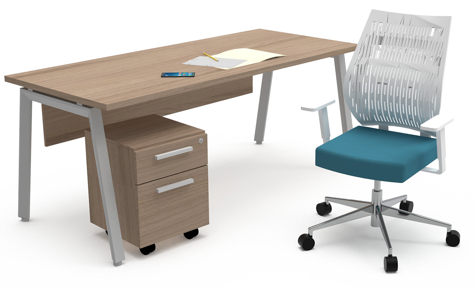 Escritorio ejecutivo Alpha de 1.80 m con base metálica gris y cubierta laminada nogal