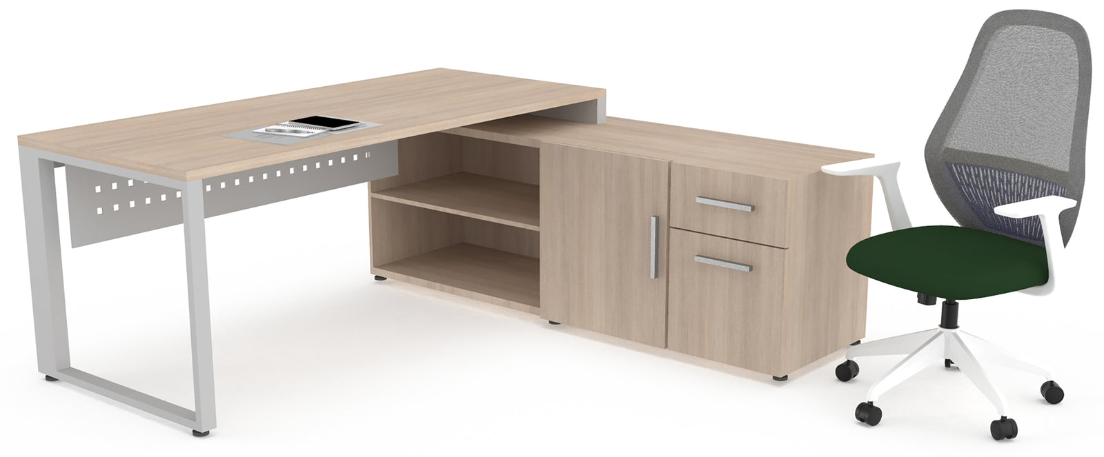Escritorio para oficina Aris con credenza lateral y cajones en despacho ejecutivo moderno