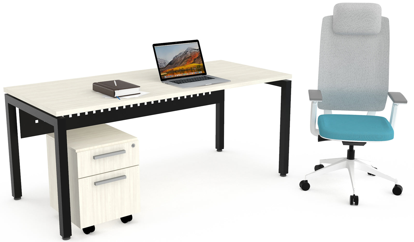 Escritorio ejecutivo Omega blanco con patas marco y faldón cromado en despacho moderno