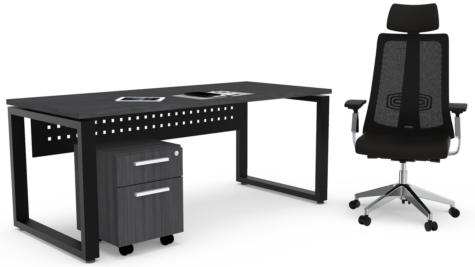 Escritorio ejecutivo Quattro gris con faldón frontal y base metálica rectangular