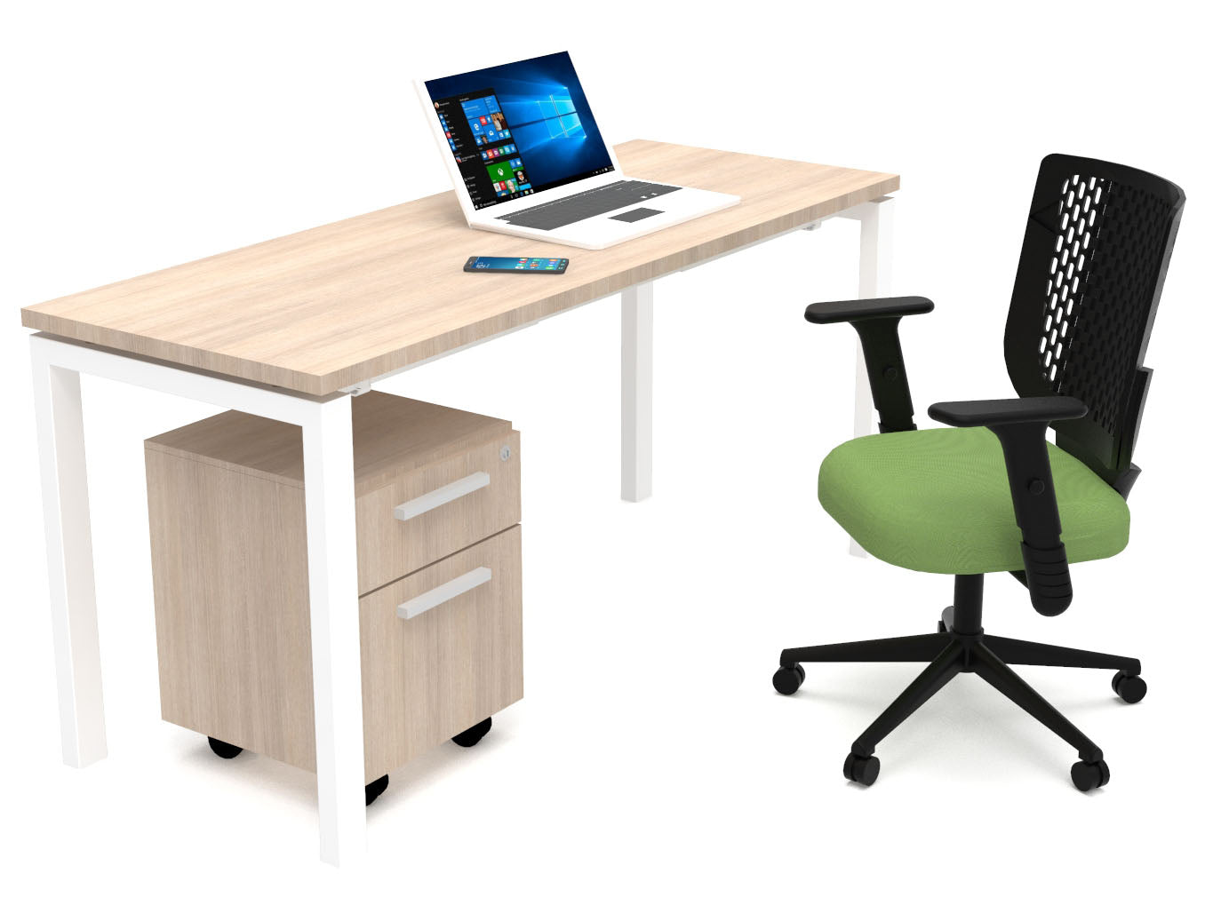 Escritorio para oficina ME Silver/White con base metálica blanca y cubierta melamina en oficina moderna