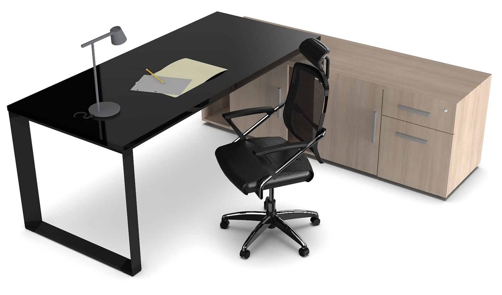 Escritorio Ejecutivo SQ White/Silver/Black Credenza Lateral CRISTAL TEMPLADO - OffiMobile