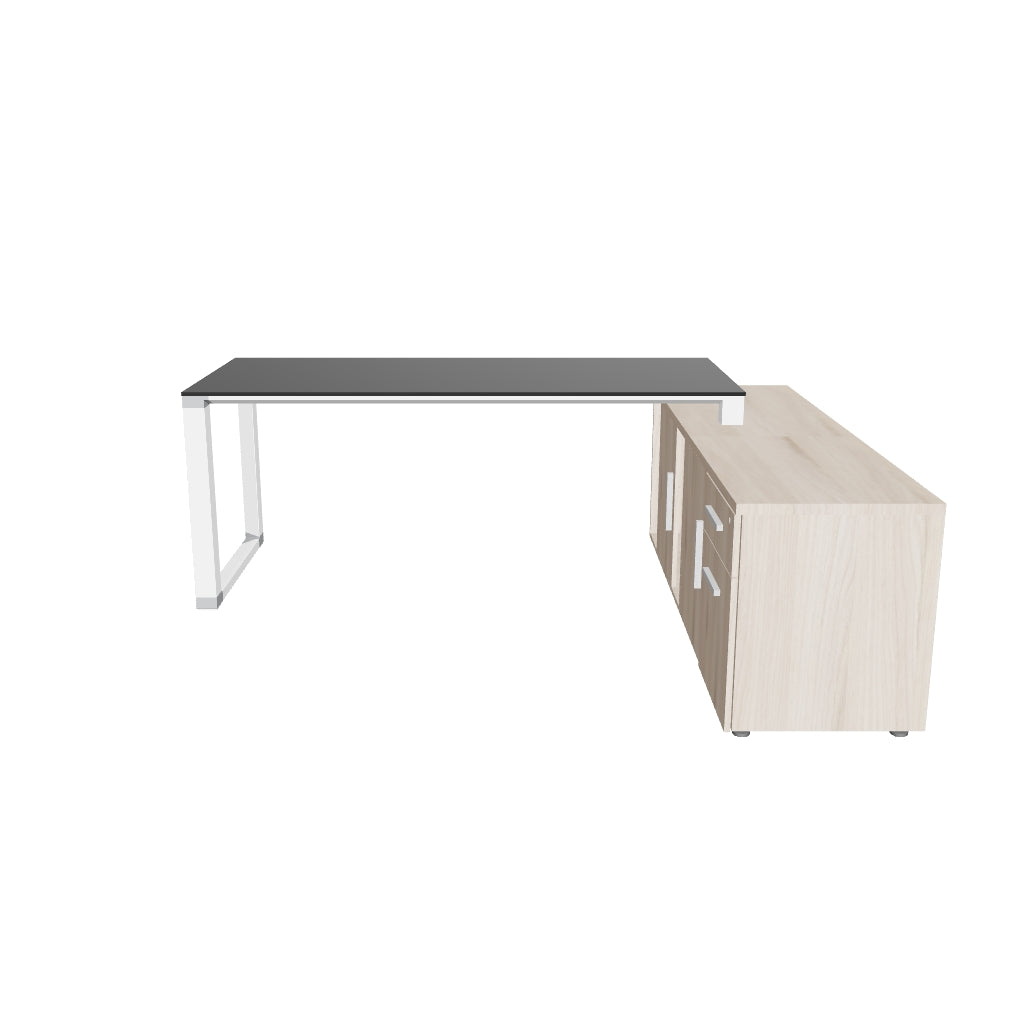 Escritorio Ejecutivo SQ White/Silver/Black Credenza Lateral CRISTAL TEMPLADO