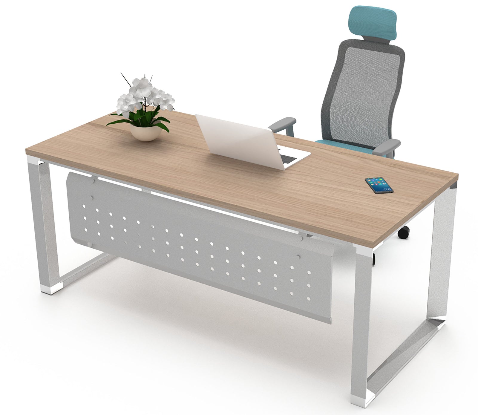 Escritorio ejecutivo SQ White con base metálica gris y faldón perforado en despacho moderno