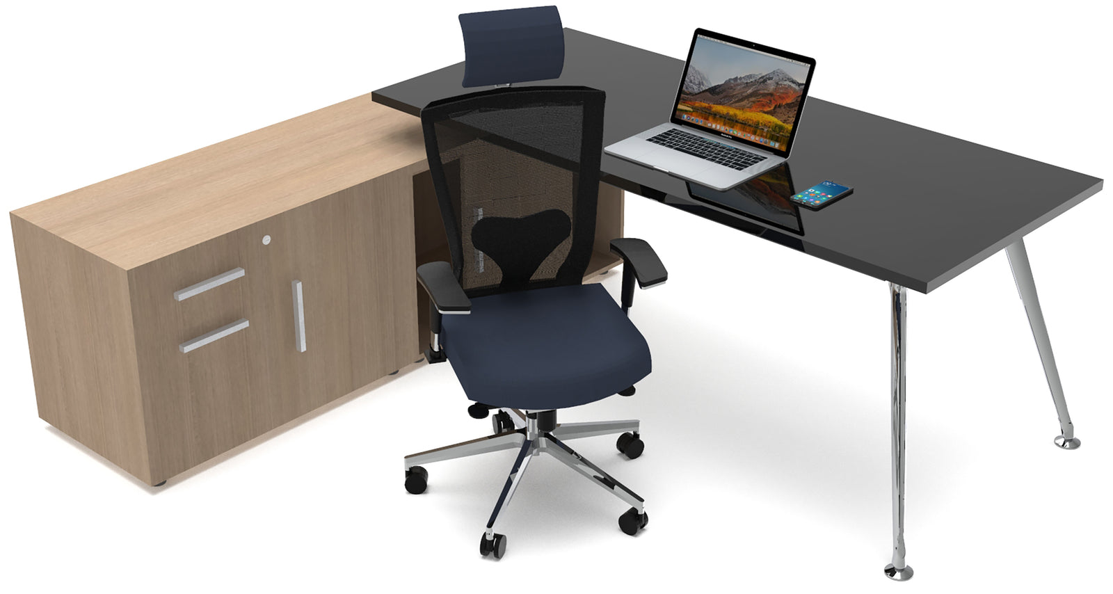 Escritorio Z Chrome Con Credenza Baja Cristal Templado - OffiMobile