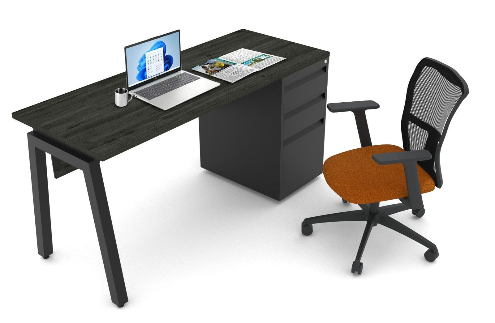 Escritorio para oficina Annia con base de acero negro y cubierta laminada en oficina moderna