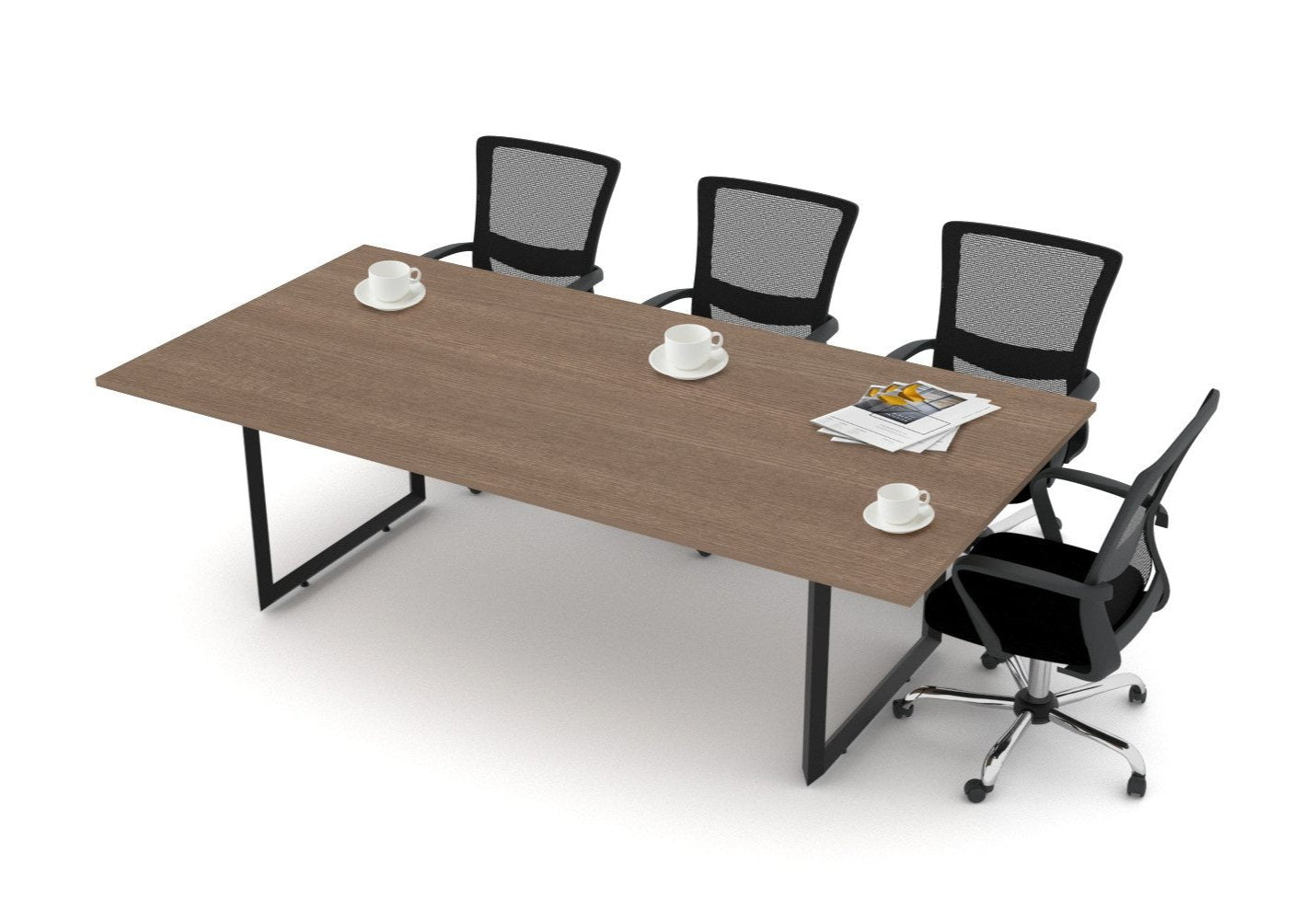 Mesa de juntas para oficina Prisma de Offimobile con base metálica en V en una sala corporativa moderna