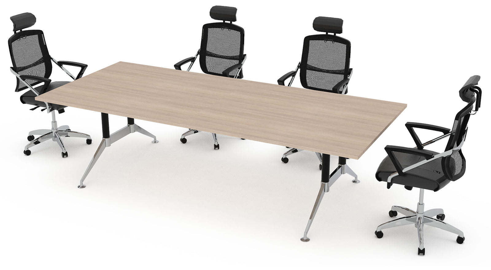 Mesa para sala de juntas Tech Black Chrome de 2.40 m con base negra y cantos cromados