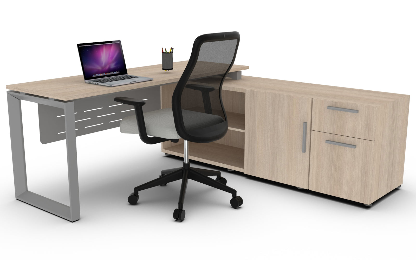 Escritorio para oficina Málaga gris con credenza lateral y cubierta de melamina