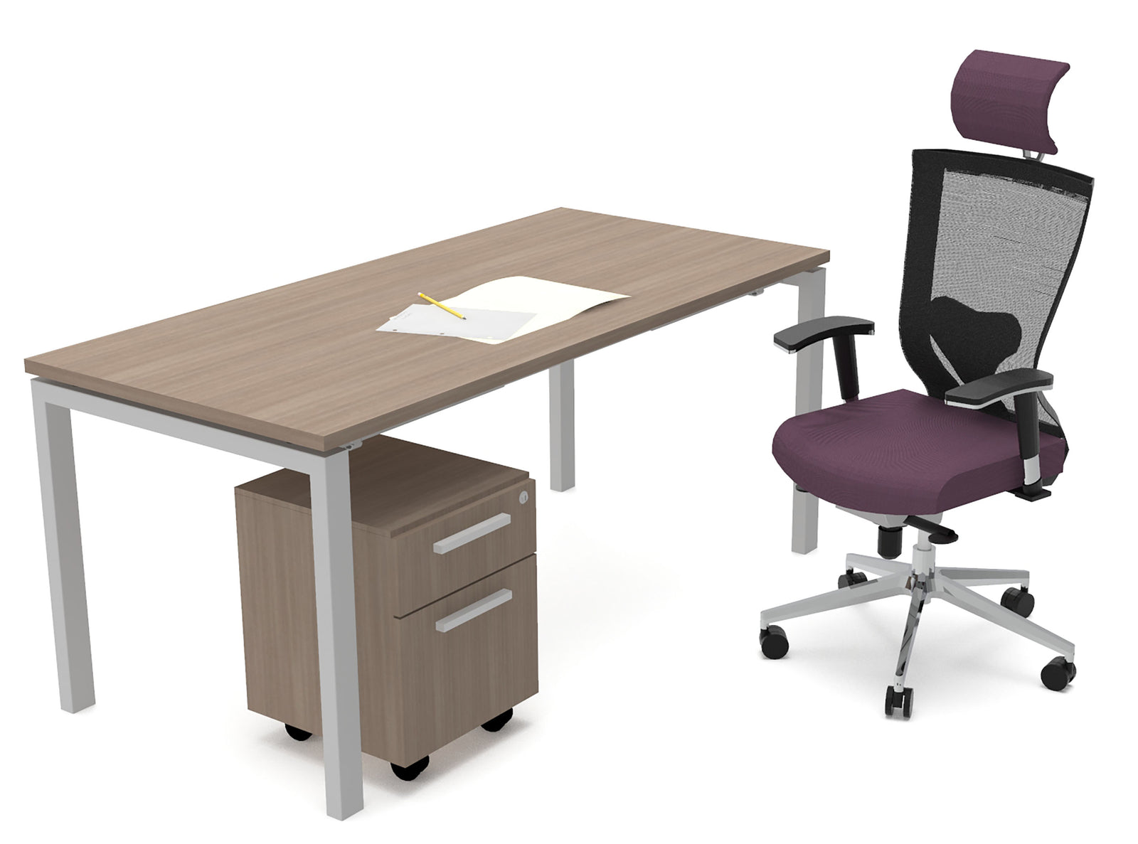 Escritorio ejecutivo ME White/Silver con base metálica blanca y cubierta laminada nogal