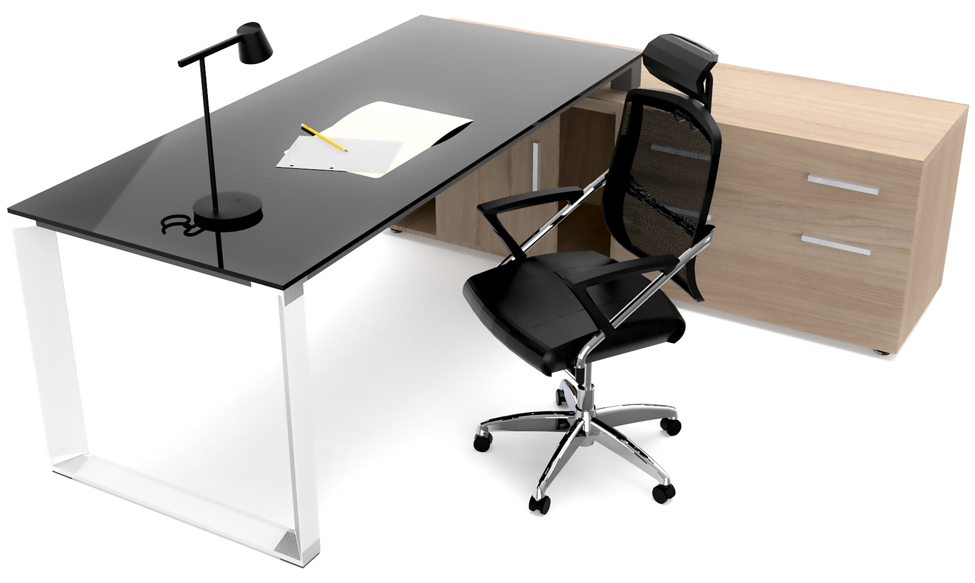Escritorio Ejecutivo SQ White/Silver/Black Credenza Lateral - OffiMobile