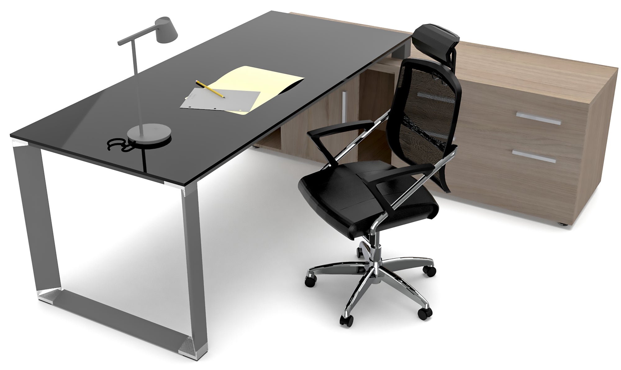 Escritorio Ejecutivo SQ White/Silver/Black Credenza Lateral - OffiMobile