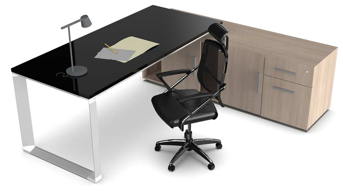 Escritorio Ejecutivo SQ Alum Credenza Lateral CRISTAL TEMPLADO - OffiMobile