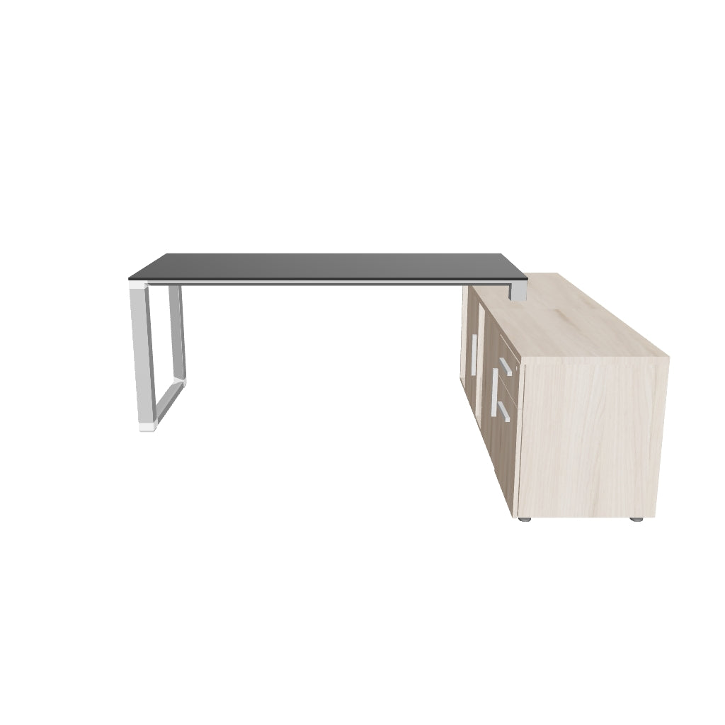 Escritorio Ejecutivo SQ White/Silver/Black Credenza Lateral CRISTAL TEMPLADO - OffiMobile