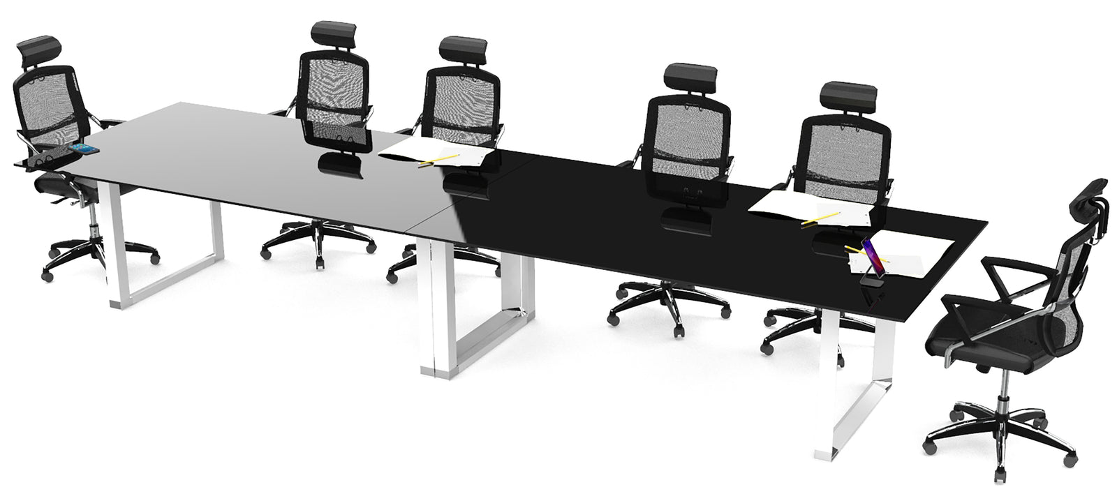 Mesa sala de juntas SQ 4.20 m con cristal templado y base metálica